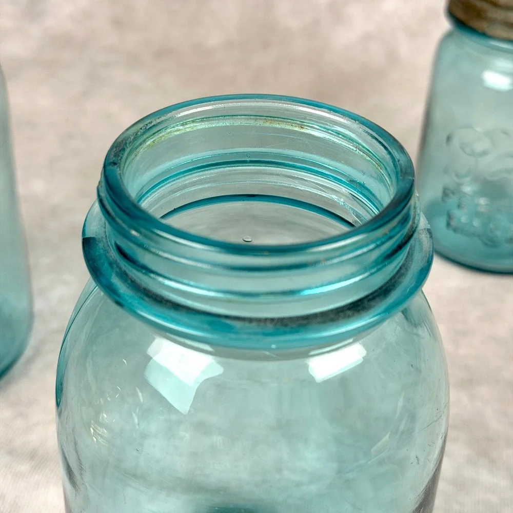 Vintage Ball Perfect Mason Jars Aqua Blue Glass Set of 3 Zinc Lids Antique Decor
